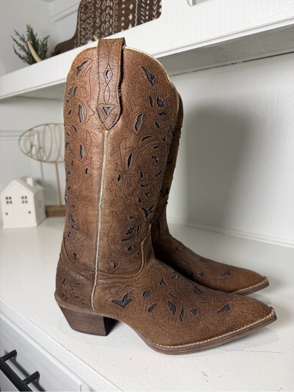 Laredo Womens 7M Brown Floral Cutout Cowboy Boots Tall Western Boho - Picture 5 of 9